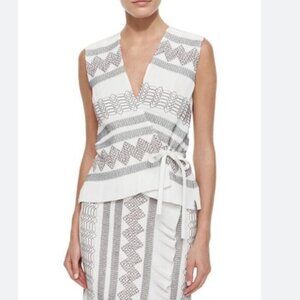 Tory Burch Silk Wrap Top Vest Pleated 14 Print Fabric Neutral Smocked Tie Front